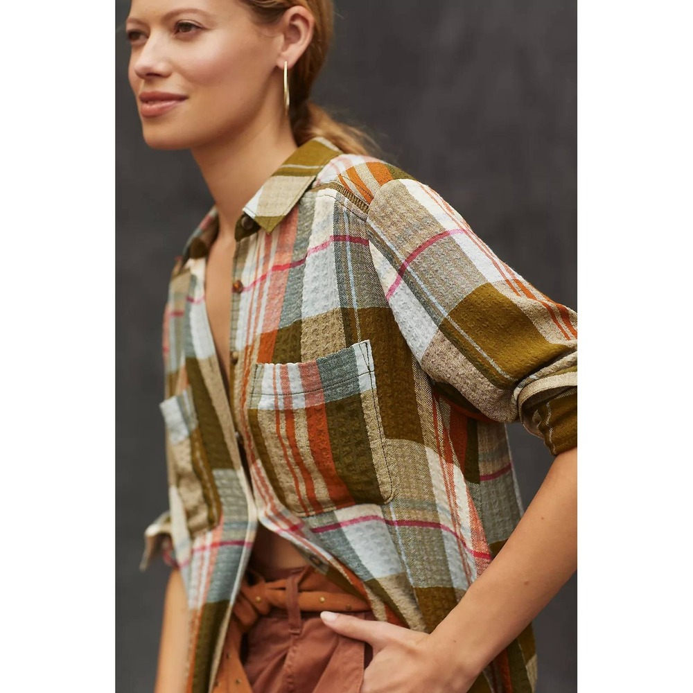 Pilcro Shirt Dress Women Medium Olive Plaid Longline Duster Button Front Boho